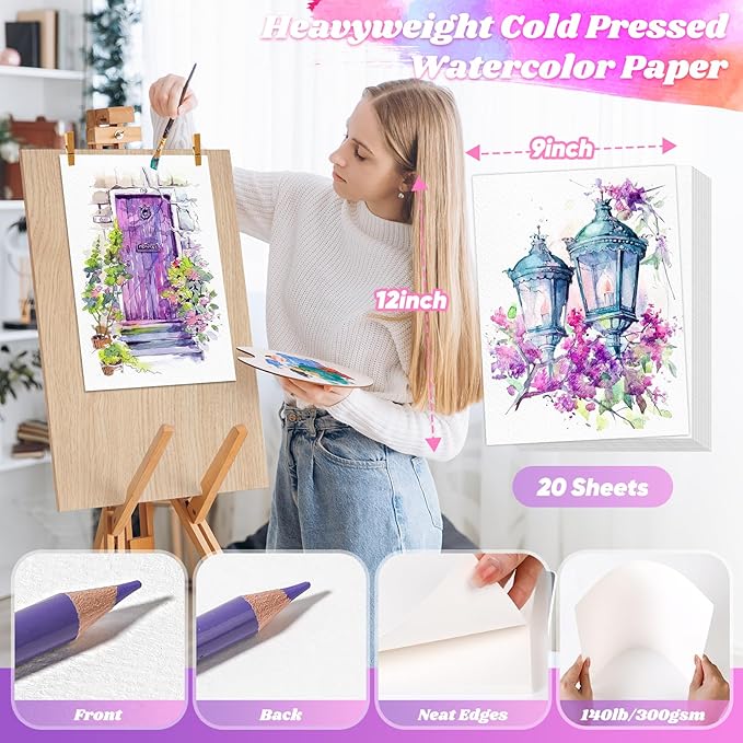 Watercolor Paper 9"x12", Cold Press Water Color Paper, 140lb/300gsm Loose Art Drawing Paper for Acrylic Paints Markers Pencils Pens Oil Pastels Canvas Painting, Art Supplies for Adults Teens Kids