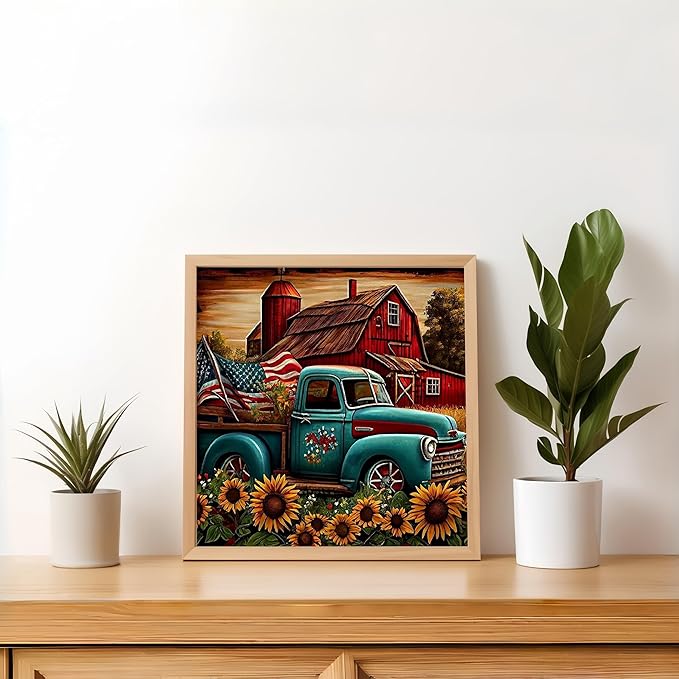 Diamond Art Kits for Adults Truck, DIY 5D Diamond Painting Kit for Beginners Farm, Sunflower Full Round Drill Gem Art Dots for Adults, Diamond Dots Paintings Crafts Home Wall Decor 14X14 Inch