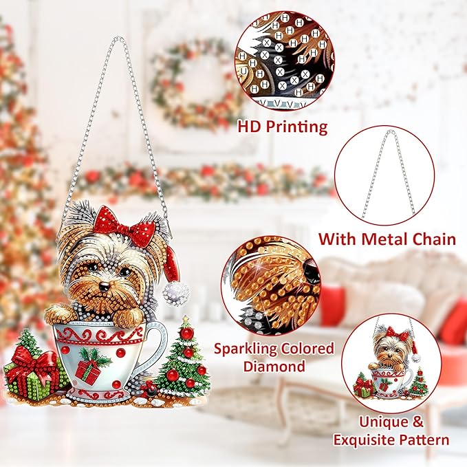 SENQAO Christmas Diamond Art Hanging Kits for Adults Kids, Golden Retriever Diamond Art Suncatchers, 5D Special Shape Diamond Painting Pendant Window Ornament Gifts for Home Door Wall Decor