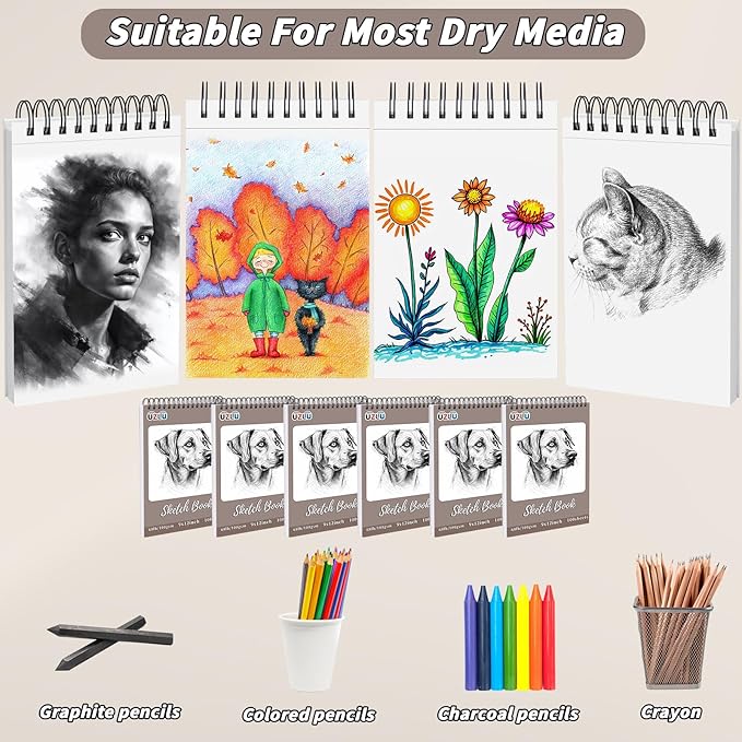 6 Pcs Sketch Book Bulk 9 x 12 In 600 Sheets Top Spiral Bound Sketch Pad Drawing Paper 100 Sheets Each Acid Free Mixed Media Sketchbook 68lb/100gsm Art Supplies for Beginner Artist
