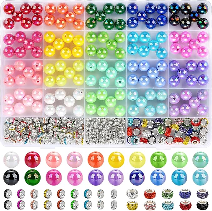 Funtopia 290pcs Beads for Pens, 14mm Focal Beads Pen Making Kit for Keychains Beadable Pens, Rainbow Chunky Bubblegum Acrylic Beads with Rhinestone Rondelle Spacer Bead for DIY Craft Supplies