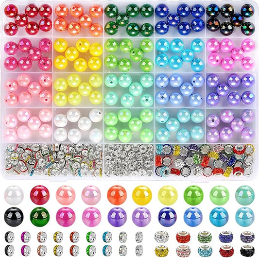 Funtopia 290pcs Beads for Pens, 14mm Focal Beads Pen Making Kit for Keychains Beadable Pens, Rainbow Chunky Bubblegum Acrylic Beads with Rhinestone Rondelle Spacer Bead for DIY Craft Supplies