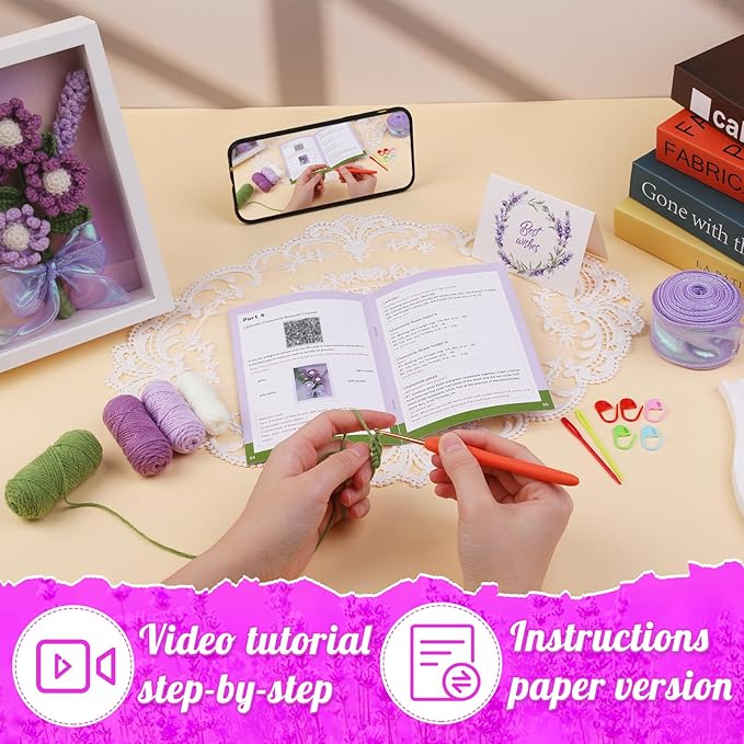 IMZAY Lavender Crochet Kit with Photo Frame, Lavender Knitting Weaving Set with Yarn, Hooks, Instruction, Stitching Markers, Fiber Fill, Floral Wire, Crochet Set for Mother's Day & Christmas