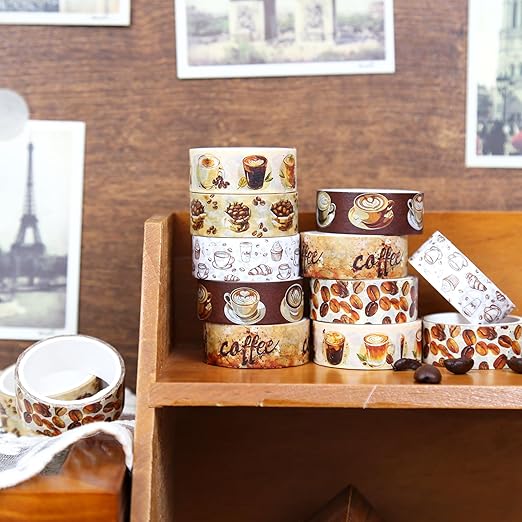 12 Rolls Washi Tape Set,6 Design Coffee Themed Decorative Tape Vintage Watercolor Brown Cafe Masking Tape for Journaling Supplies, Junk Journal, Scrapbooking, DIY Arts & Crafts, Gift Wrapping