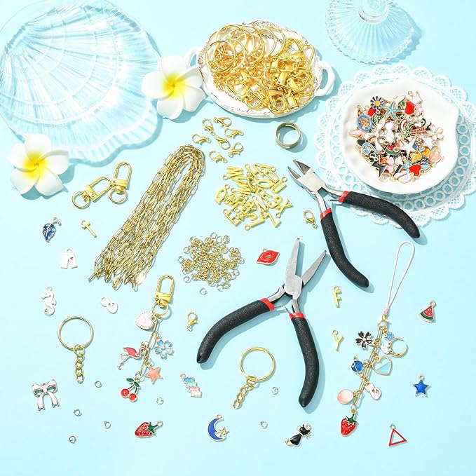 Ornaland 323 Pcs Lip Gloss Keychain Making Kit Jewelry Plier Bracelet Necklace Lanyard Making Kit include Chains Jump Rings Clasps Alloy Enamel Charms for DIY Craft（Golden）