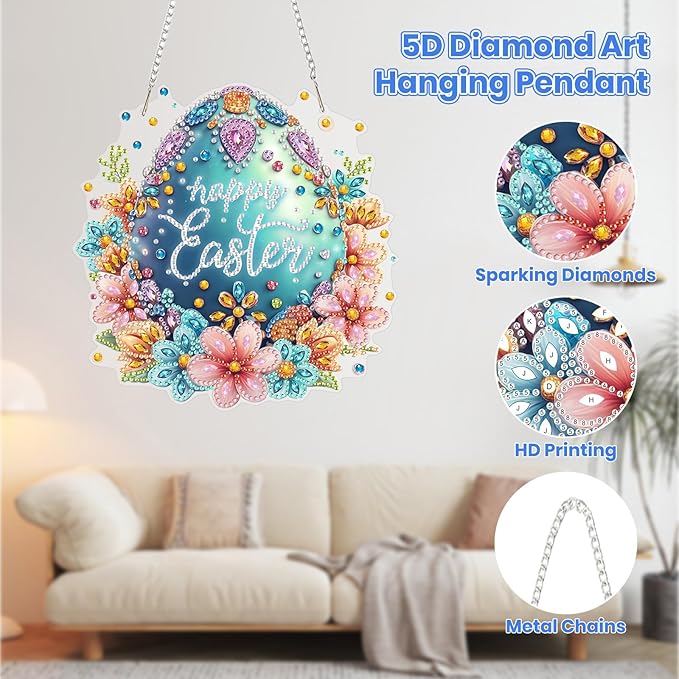MOGTAA Easter Egg Diamond Art Hanging Kits for Adults Beginners, Flowers Diamond Art Suncatchers, 5D Special Shape Diamond Painting Window Pendant Kit for Home Garden Wall Decor