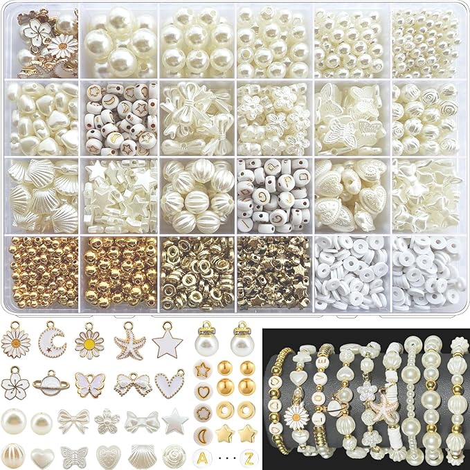 1680pcs Assorted Pearl Beads Bracelet Making Kit, Flower Bow Butterfly Star Heart Cly Bead Letter Gold Spacer Bead Kawaii Aesthetic Acrylic Cute Beads Charms for Jewelry Bracelet Making DIY Necklace