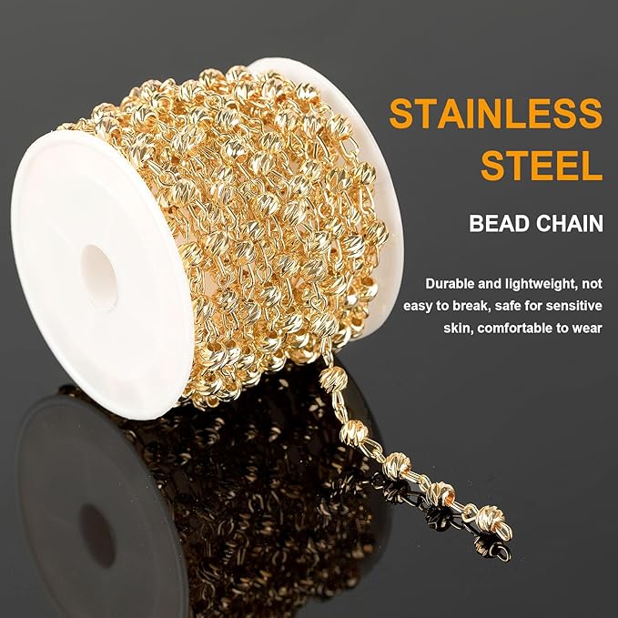 KYUNHOO Gold Plated Brass Chain Bulk on Spool 3 Meters Sparkle Faceted Beaded Rosary Chains for Necklace Bracelet Making DIY Handcraft Finding Supplies with Lobster Clasps and Jump Rings