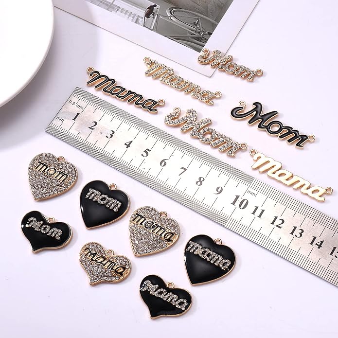 18/20PCS Mama Charms for Jewelry Making Rhinestone Heart Birthday Mother’s Day Charms Letter Mama Mom Pendants for Necklace Bracelet Making DIY Crafts
