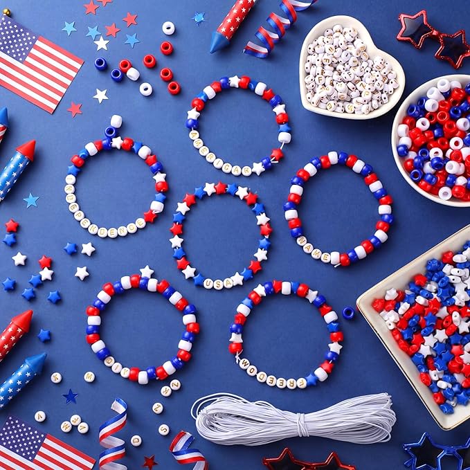 Highergo 1200 Pcs 250th Anniversary Patriotic Bracelets for Women, 4th of July Bead Bracelet Set DIY Craft Kit Red Blue White Stretch Independence Day Jewelry Accessories Outfits Festive Party