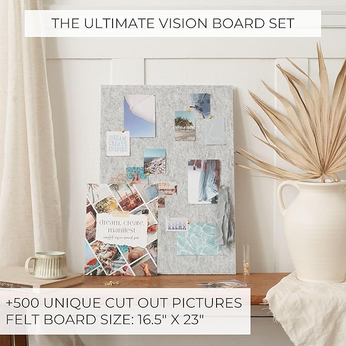 Inspirational Vision Board Kit – Complete Set with Vision Board Book & Felt Board, Motivational Pictures & Quotes to Map Your Goals & Dreams - The Perfect Supplies to Visualize Goal Setting & Success