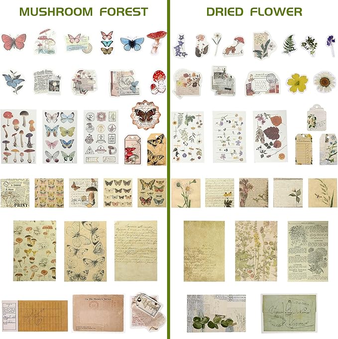 120 Pcs Vintage Aesthetic Scrapbook Kit Junk Journaling Supply with Retro Stamp Stickers,material Paper, Tag Card,hand Account Collage Card,pillow Box,twine Diary Supply Birthday Gift(Artsy Style)