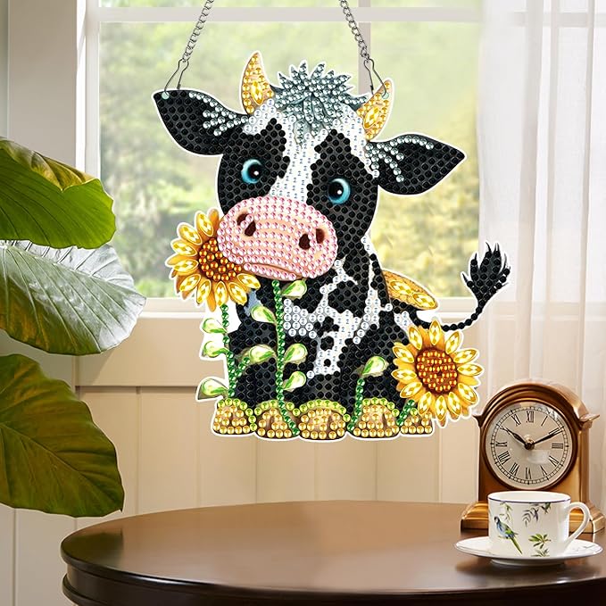 MVVMTOP Diamond Painting Kits Hanging Pendant,Cow Diamond Art Hanging Sign DIY Special Shaped Crystal Wreath Ornaments for Home Decor Gift, HGJ038