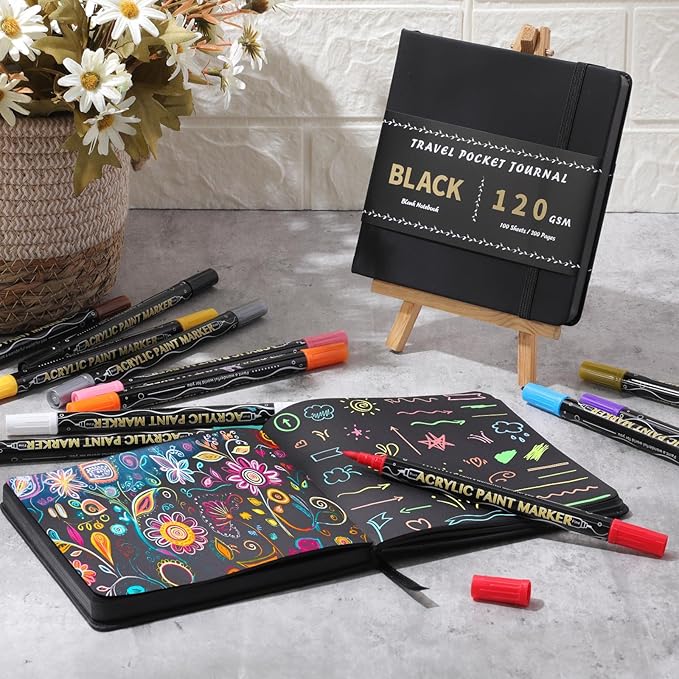 Thenshop 2 Pcs/200 Sheets Black Paper Sketchbook with 12 Metallic Marker Pens Set 5.5 x 5.5 in Black Writing Page Journal Notebook for Colored Gel Pens PU Hardcover Drawing Gifts