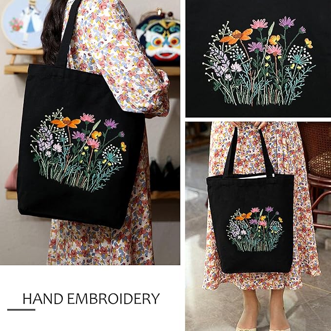 Canvas Tote Bag Embroidery Kit with Pattern, Beginner Embroidery Kits for Adults, Arts and DIY Crafts Embroidery Starter kit, Include Stamped Embroidery Bag, Embroidery Hoops, Color Threads and Tool.