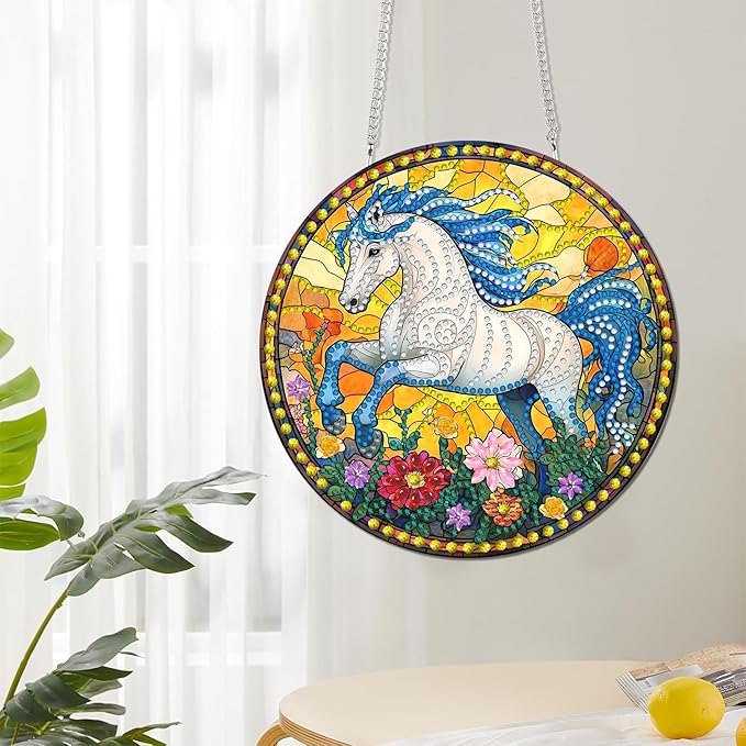 Reofrey Hanging Diamond Art Kits for Adults - 8x8 Inch Horse Acrylic Board Double Sided Pattern Diamond Painting Suncatcher Pendant, DIY Crystal Art for Home Wall or Window Decoration Handmade Gift