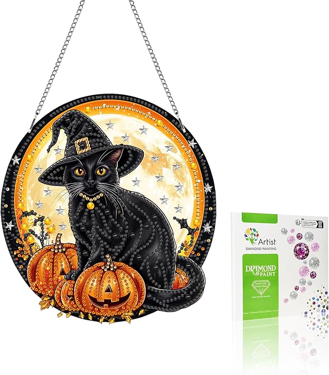 VAIIEYO Halloween Diamond Art Hanging Ornament, Black Cat Pumpkin Diamond Painting Suncatchers Window Hanging Kit with Chain, 7.5x7.5 inch Pendant Art Craft for Gift Home Wall Front Door Decoration-1