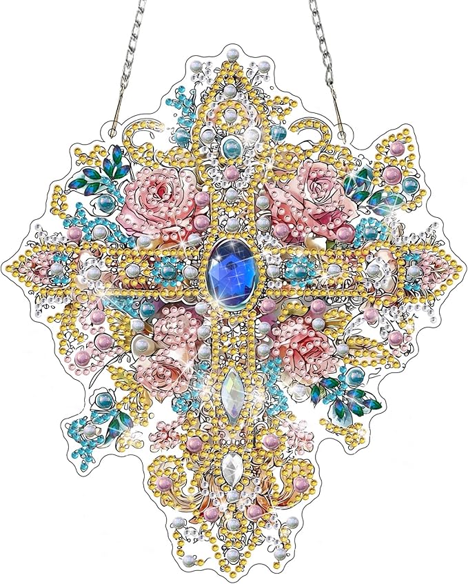 NAIMOER Diamond Art Hanging Kits for Adults, Religion Cross Diamond Art Suncatchers, 5D Special Shape Fall Diamonds Painting Pendant Window Ornament Gifts for Home Garden Door Wall Decor