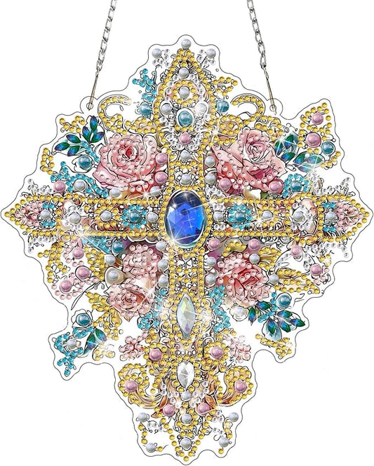 NAIMOER Diamond Art Hanging Kits for Adults, Religion Cross Diamond Art Suncatchers, 5D Special Shape Fall Diamonds Painting Pendant Window Ornament Gifts for Home Garden Door Wall Decor