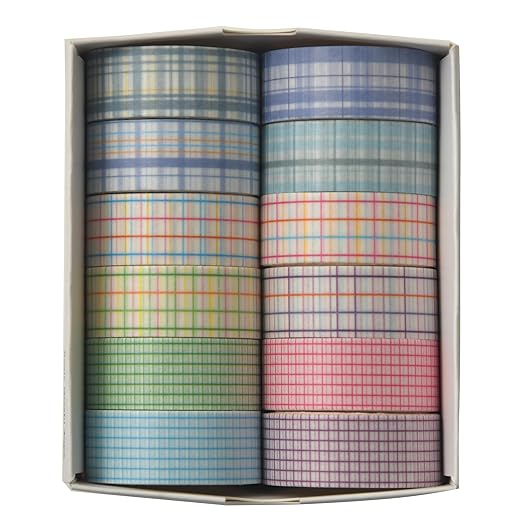 12 Rolls Grid Washi Tape Set Plaid Arts Adhesive Tapes Basic Patterns Decorative Masking Tape Sets for Craft, Kids, Scrapbook, DIY, Gift Wrapping (Style Three)