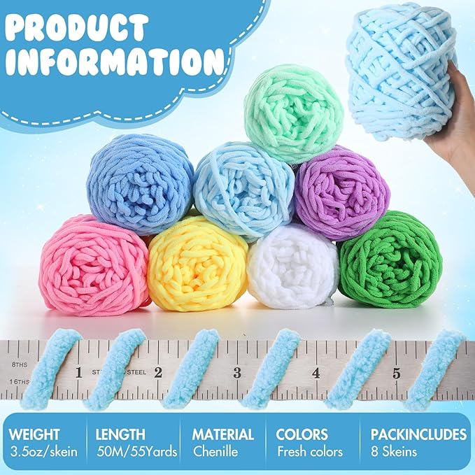 Buryeah 8 Pack Chunky Chenille Yarn for Crocheting Soft Thick Fluffy Yarn for Hand Knitting Bulky Velvet Blanket Plush for Weaving DIY Crafts Each 3.5 oz 55 Yards (Fresh Colors)