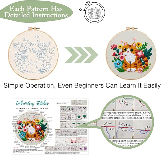 Nuberlic Cat Embroidery Kit for Adults Beginners - 3 Pre-Printed Animal Patterns, Adults Starter Cross Stitch Kit DIY Needlepoint