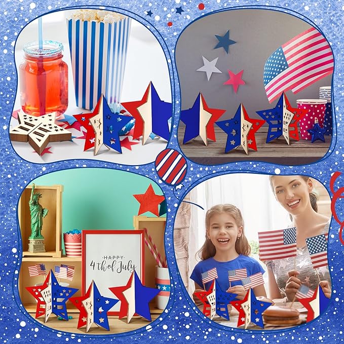 Blosssound 48 Pcs Patriotic Craft Set 36 Wood Stars Crafts 3D Stars Cutouts with 12 Colored Markers 4th of July Wooden Unfinished Slices to Paint for Memorial Day DIY Handmade Tiered Tray Decor