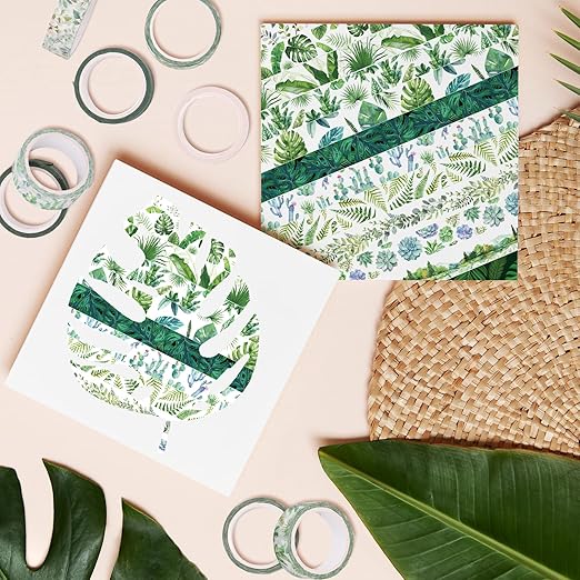Whaline 12 Rolls Summer Greenery Washi Tapes Tropical Leaves Masking Tape 0.6 Inch Green Plants Cactus Succulents Decorative Tape Sticker for Scrapbook Journal DIY Craft Gift Wrapping,16.4ft