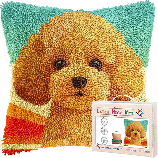 DIY Latch Hook Pillow Kits for Adults Cartoon Cute Poodle Dog Printed Pillowcase Crochet Yarns Hooking Handmade Pillow Cover Cushion for Home Sofa Decor 17x17inch(14)