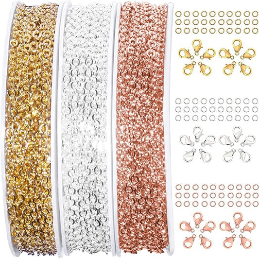 jishi 30ft jewelry making chains bulk 2mm necklace chains, jewelry making supplies, diy craft earring bracelet making findings, 3-colors gold silver rose gold plated metal rolo cable link chain rolls