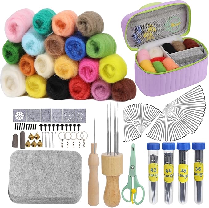 SOCNITC 20 Colors Needle Felting Kits for Beginners, Needle Supplies Kits with Tools,Wool Roving Set, Needle Felting Tools Kit with Needles, Felting Pad for DIY Handcrafts Decoration