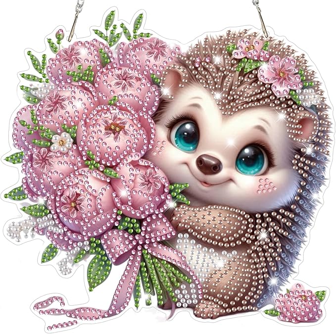 Bowetile Hedgehog Diamond Art Hanging Kits for Adults, Diamond Art Suncatchers Flowers, 5D Special Shape Diamond Painting Pendant Window Ornament Valentine's Day Gifts for Home Wall Decor