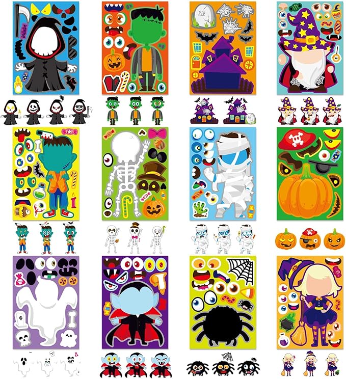 48 pcs halloween make-a-face stickers halloween characters stickers for kids make your own mix and match sticker diy crafts decorating toy sticker trick or treat party game activities