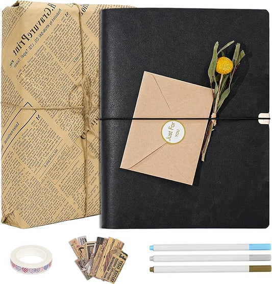 Vienrose Photo Album Scrapbook Kit, 3 Ring Faux Leather Cover DIY Memory Book Kraft Paper with 50 Sheets 100 Pages, Vintage Scrapbooking Supplies Set for Wedding, Anniversary, Valentine Gifts, Black