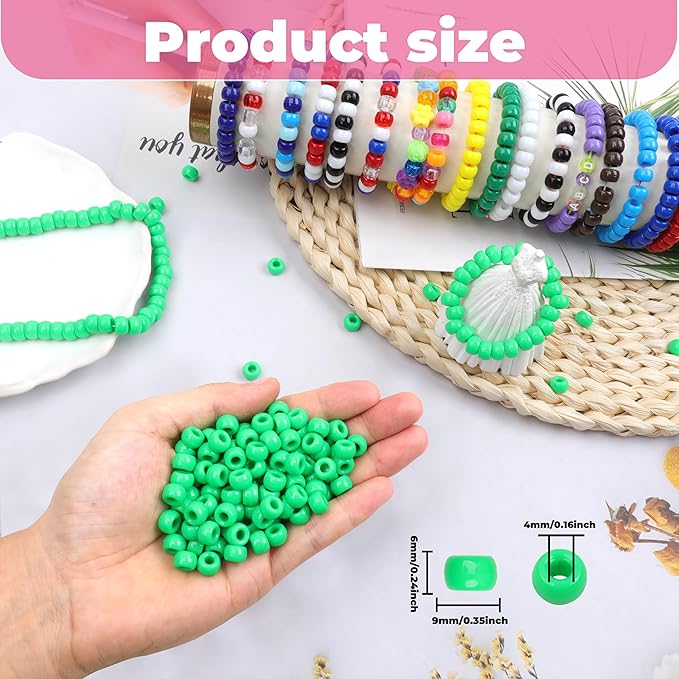Green Pony Beads - Bulk 6x9mm Large Hole Plastic Beads for Jewelry Making - 1000 Pcs for Friendship Bracelets, Necklace, Festival Decoration & Hair Braiding