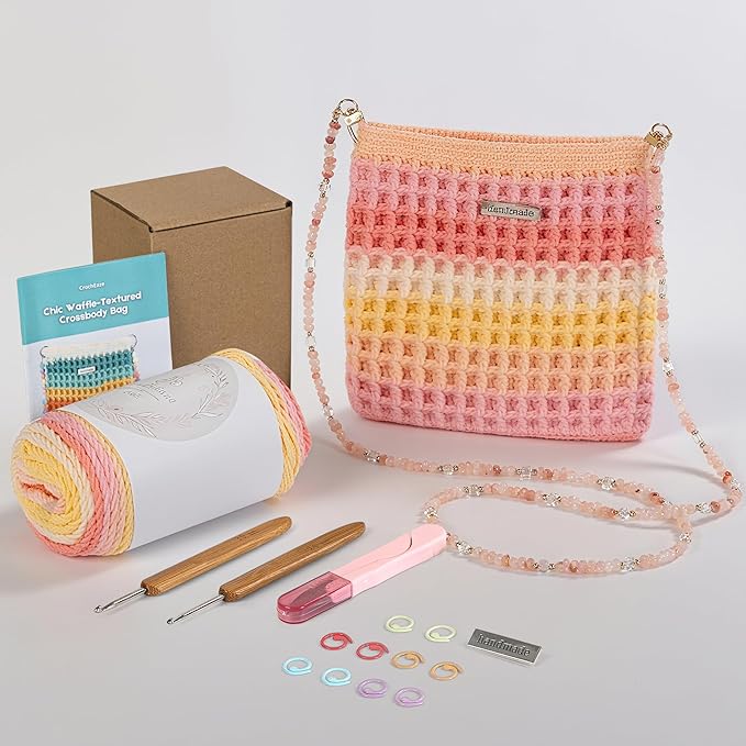 CrochEaze Crochet Kit for Beginners, Crochet Tote Bag Set with Step-by-Step Video Tutorials, Including Gradient Color Yarn, Crochet Hook, Heart-Shaped Bag Strap (Pouch-Pink)