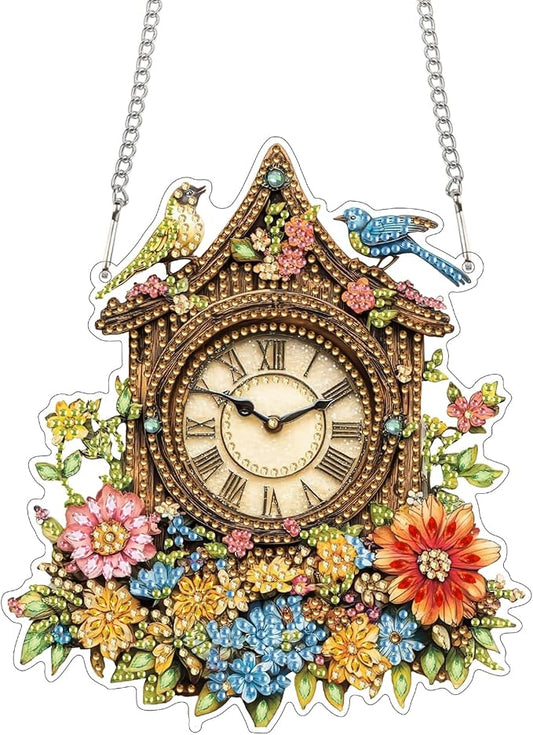 Bimkole Clock Diamond Art Hanging Kit for Adult, DIY 5D Diamond Art Flowers Window Pendant, Acrylic Crystal Art Hanging Ornament Home Wall Garden Front Door Sign Outdoor Decor 7.8x7.8 Inch