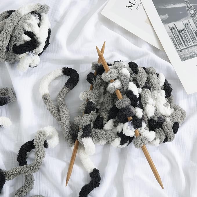 HOMBYS Chunky Tie Dye Mix Chenille Yarn for Hand Knitting, Super Bulky Jumbo Yarn for Crocheting, 3/4" Thick Soft Plush Yarn for Blankets, 8 Skein Pack (26 yds / 7.5 oz Each) Black White Grey