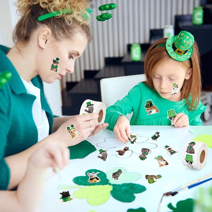 h1vojoxo st. patrick's day cat stickers - 1000pcs irish shamrock holiday cat stickers for kids 16 designs st. patrick's cute cat realistic sticker for craft st. patrick funny cat stickers for envelope