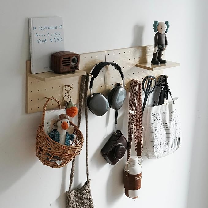 Wooden Pegboard Modular Display Organization Storage Wall Hooks Shelf (Birch Colored Finish-A)