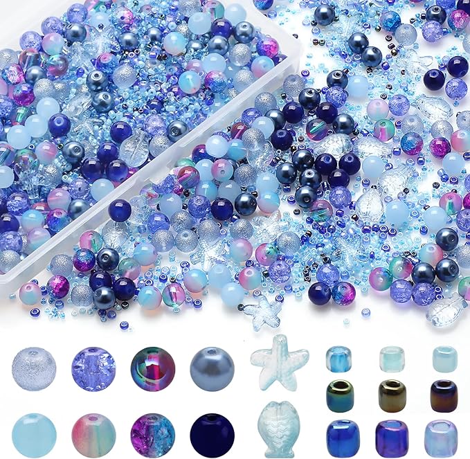 Rired 27 760pcs Assorted Crystal Bracelet Beads for Jewelry Making, 8 Types Glamour Blue Round Glass Beads with Star, Fish and Seed Beads for DIY Making