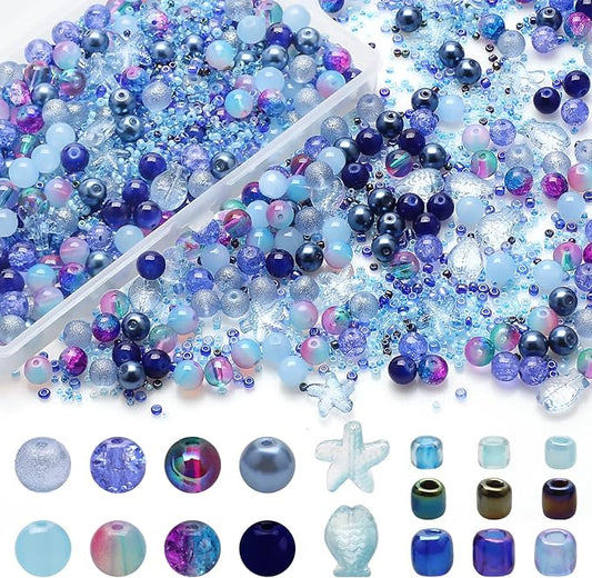 Rired 27 760pcs Assorted Crystal Bracelet Beads for Jewelry Making, 8 Types Glamour Blue Round Glass Beads with Star, Fish and Seed Beads for DIY Making