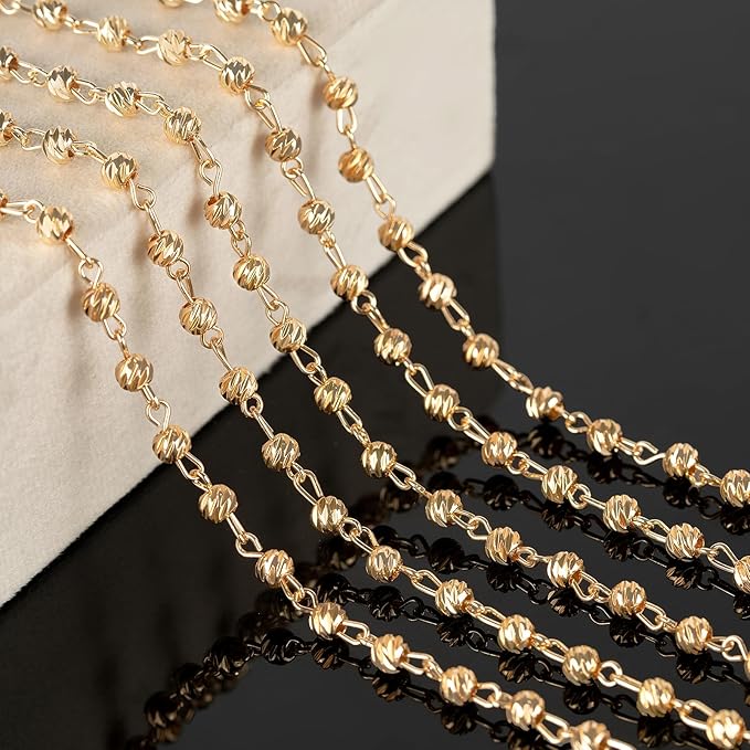 KYUNHOO Gold Plated Brass Chain Bulk on Spool 3 Meters Sparkle Faceted Beaded Rosary Chains for Necklace Bracelet Making DIY Handcraft Finding Supplies with Lobster Clasps and Jump Rings