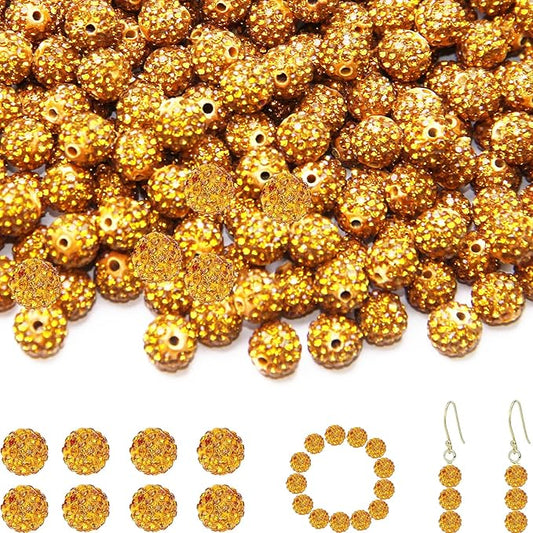 150 Pcs 10mm Rhinestone Beads for Jewelry Making, Orange Yellow Shiny Round Shamballa Disco Baseball Necklace Beads Sparkle Crystal Clay Pave Rhinestones Bead for DIY Bracelet Earring Making Supplies