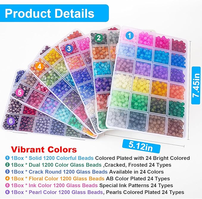 XSEINO About 7200PCS 6mm Glass Beads Bracelet Making Kit,144 Assorted Designs Special Color Series Crystal Floral Pearl Crack Ink Dual Colorful Beads for Bracelet and DIY Crafts and Jewelry Making