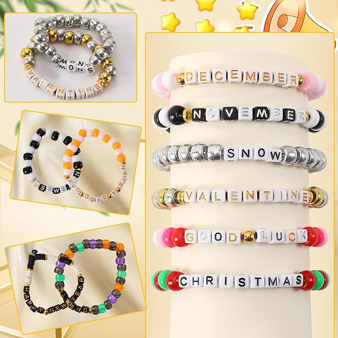 Augshy 1400Pcs 5 Colors Square Alphabet Beads A-Z Cube Acrylic Letters Beads for Bracelets Necklaces Phone Lanyard Making with 1 Roll Crystal String Cord for Jewelry Making(6mm)