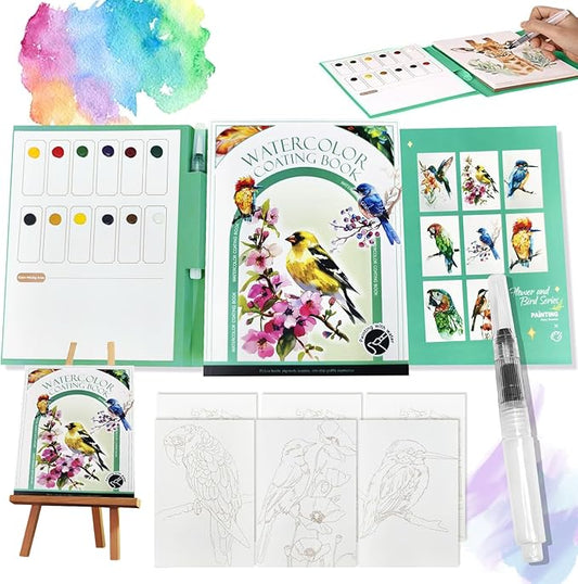 2026 New Creative Stress Relief Kit Watercolor Painting Book,3-Fold Water Color Pad,Mini Watercolor Workbook Travel Set for Beginners and Enthusiasts (Bird)
