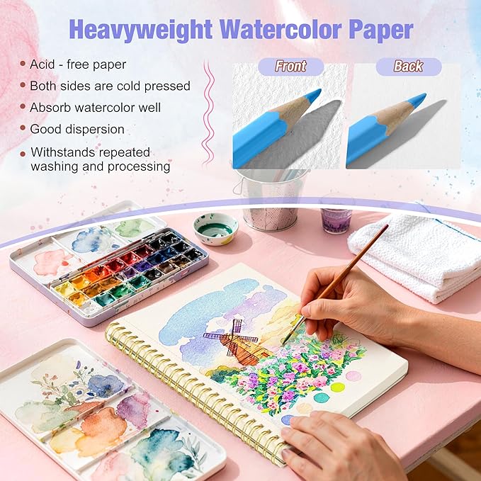 Creazic Watercolor Paper Pad (Pink), 5.5"x8.5", 24 Sheets (140lb/300g). Spiral Bound with Micro-Perforated Tear Line. Portable Travel Sketchbook Journal for Adults, Kids, Art Practice & Small Projects