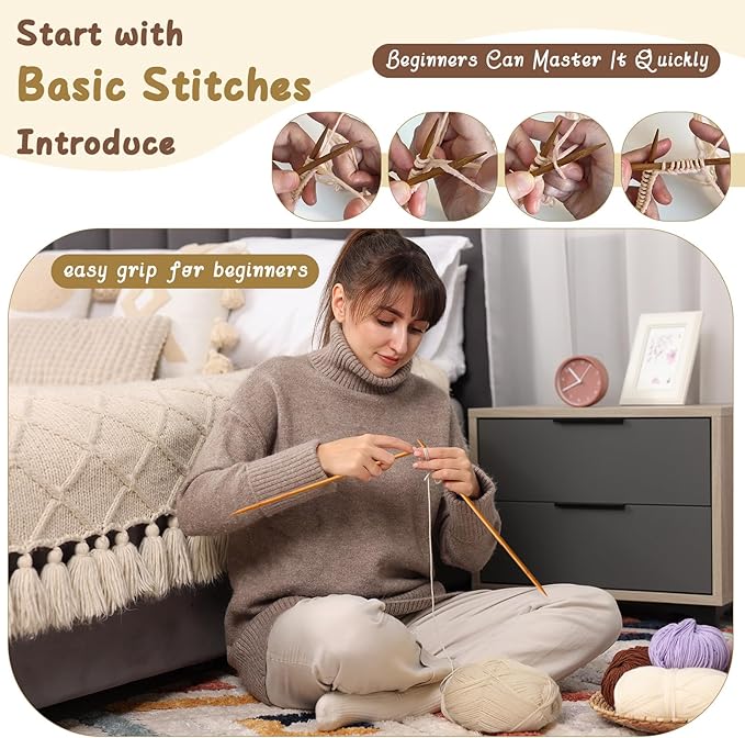 Maasechs 4 Pairs Knitting Kit for Beginners Adults Learn to Knit Gloves Hat Scarf Complete Knitting Crochet Starter Kit with Yarn Needles Stitch Markers Instruction Craft DIY Gift for Women Men Winter