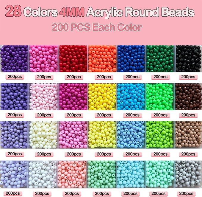 LLchunyun 5600Pcs 4mm Acrylic Round Beads for Bracelets Making Kit, 28 Colors Rainbow Round Beads for Jewelry Making Candy Color Plastic Bubble Gum Beads Pastel Loose Beads Bulk for Necklace (4mm)